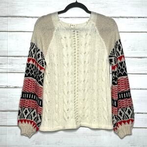 POL Cream Cable Knit Sweater Fair Isle Sleeves Boho Cozy Pullover Size Small